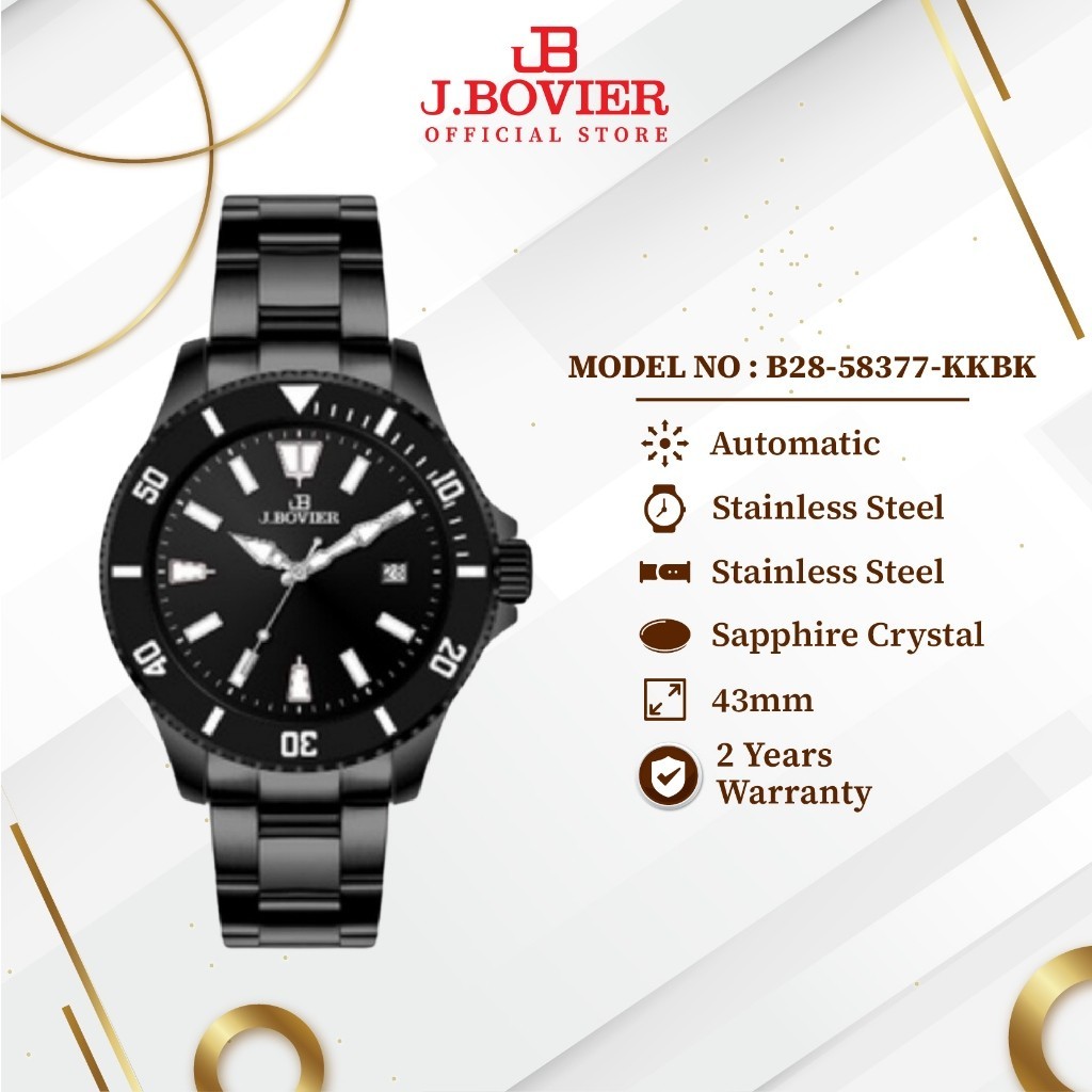 [2 Years Warranty] J.Bovier Japan Movement Automatic Men Watch Jam Tangan Lelaki B28-58377-KKBK