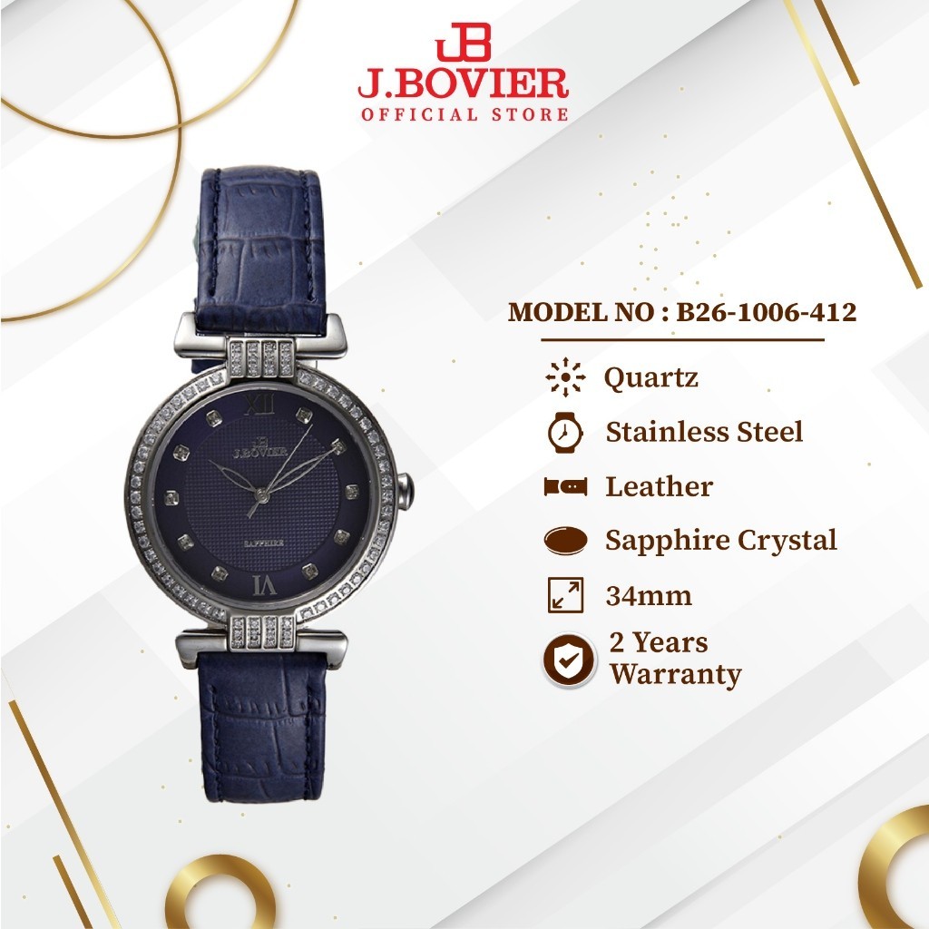 [2 Years Warranty] J.Bovier Leather Quartz Women Watch Jam Tangan Wanita B26-1006-412