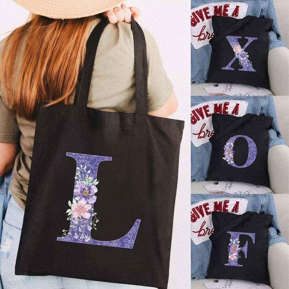 Women's Shopper Bag Canvas Tote Bags Purple Letter Storage Handbag Large Capacity Eco Travel Bags Customizable Bag Gift