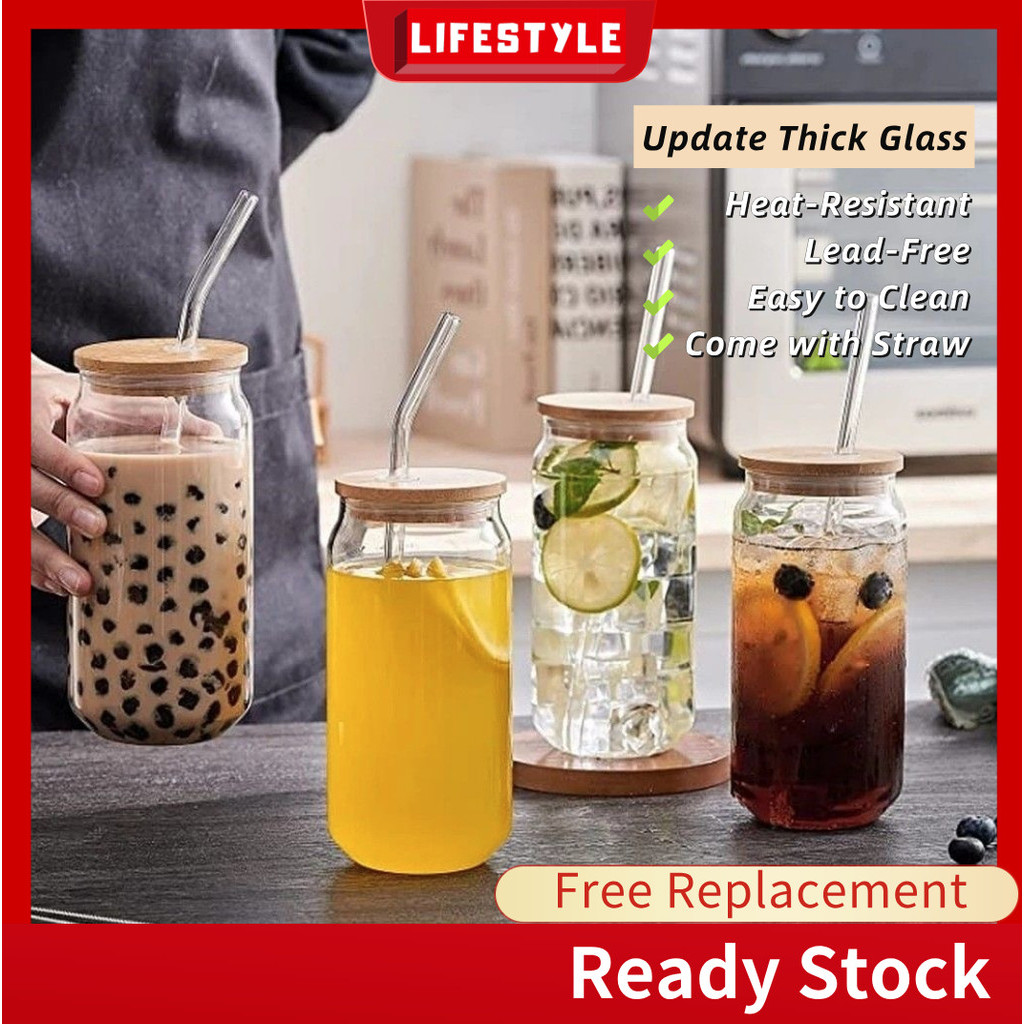 LIFESTYLE Cawan Kaca Cawan Air dengan Penyedut Minuman Penutup Diperbuat daripada Kaca Borosilikat Glass Cup