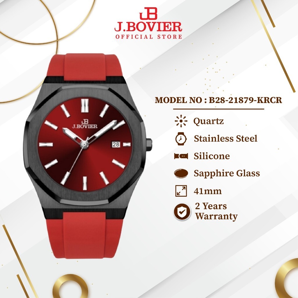 [2 Years Warranty] J.BOVIER Silicon Strap Quartz Men Watch Jam Tangan Lelaki B28-21879-KRCR