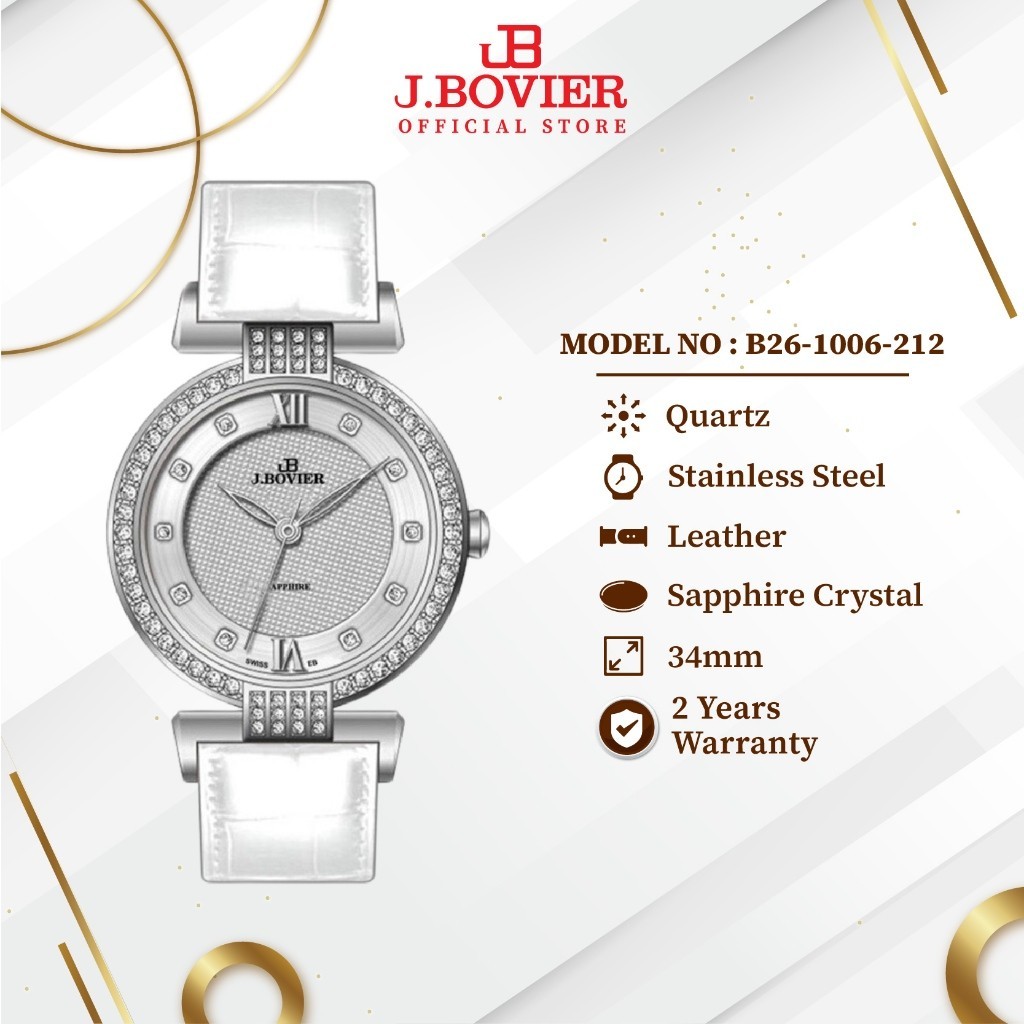 [2 Years Warranty] J.Bovier Leather Quartz Women Watch Jam Tangan Wanita B26-1006-212