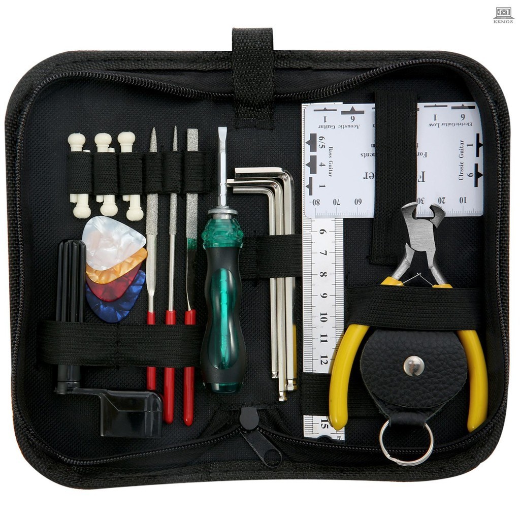 Guitar Repairing Maintenance Cleaning Tool Kit Includes String Action Ruler & Gauge Measuring Tool & Hex Wrench Set & Files & String Winder & String Cutter & Bridge Pins & Picks & Picks Bag for Guitar Ukulele Bass M Tolomall