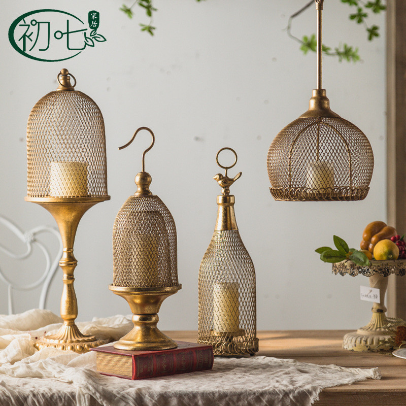 AT#Morocco Antique Home Candle Holder Decoration Studio Decoration Props Bird Cage Chandelier European Style Iron Hollo