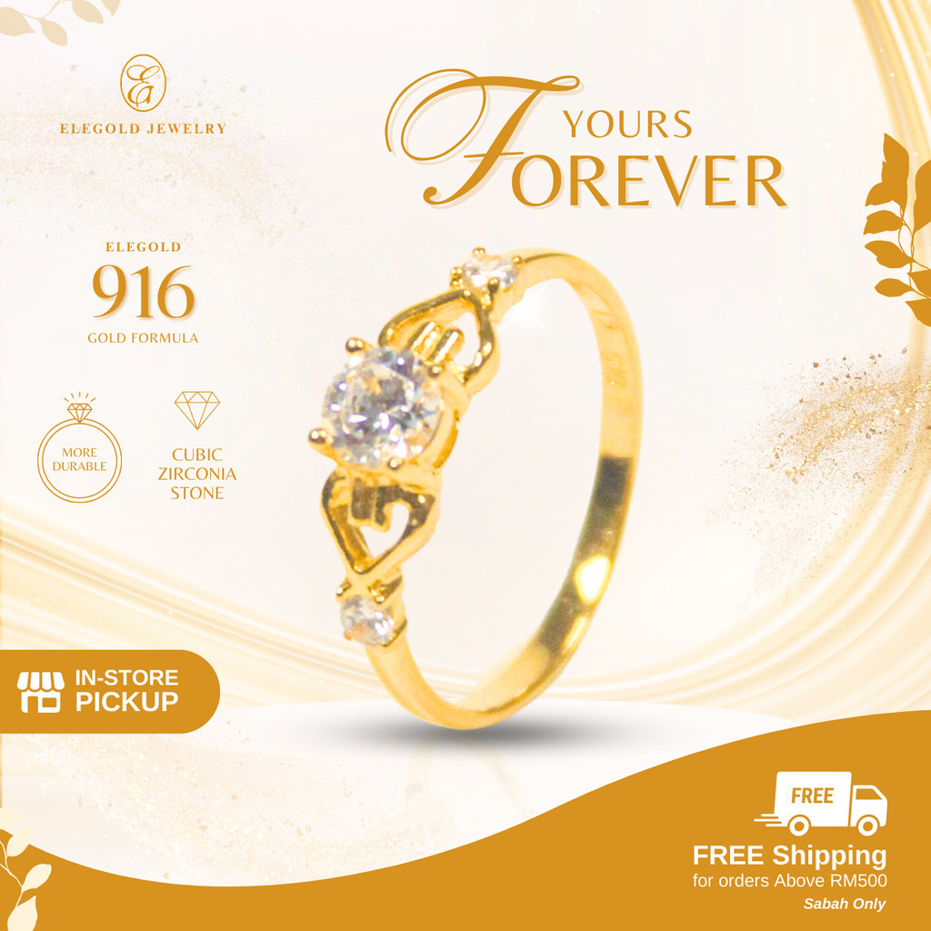 Modern Double Love Side CZ Stone 916 Gold Ring|Cincin Emas Batu CZ|Tunang Kahwin|Elegold