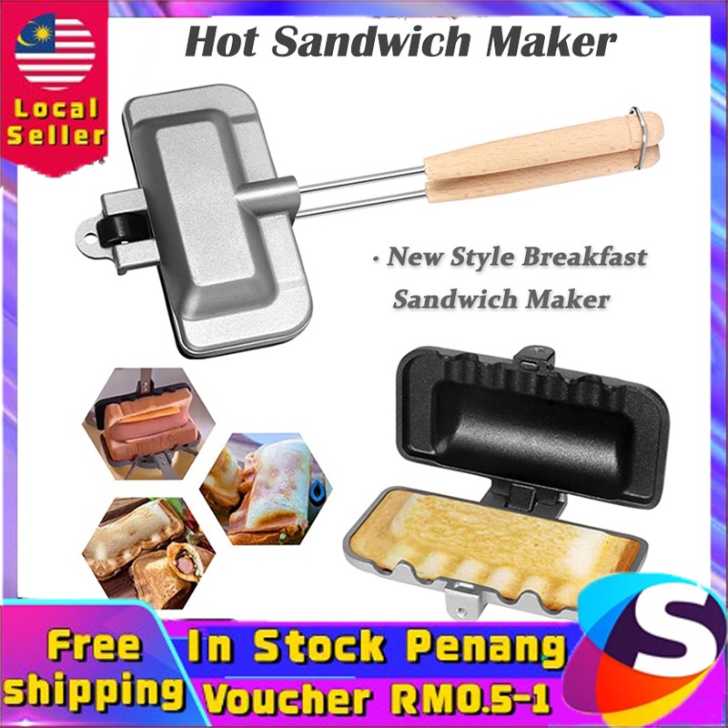 Sandwich Maker Double-Sided Sandwich Baking Pan Hot Dog Toaster with Wood Handle