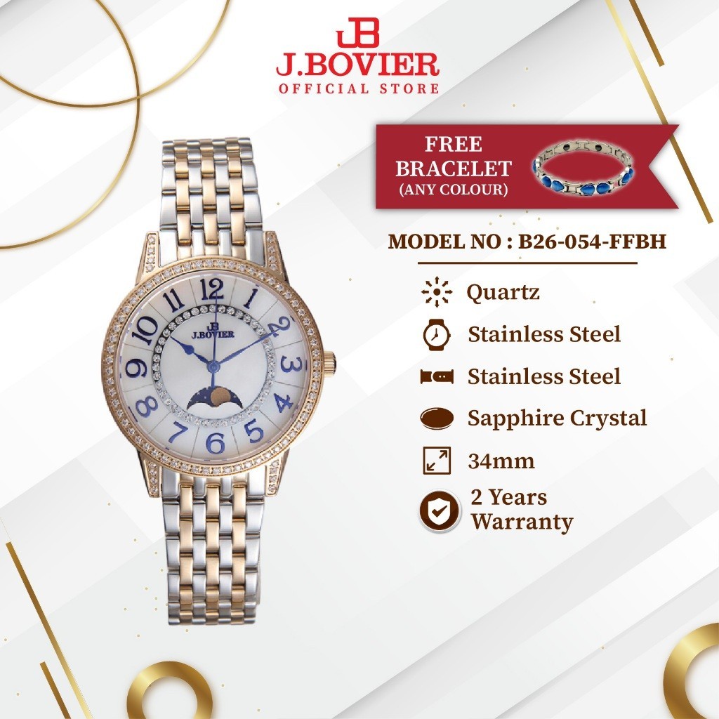 [2 Years Warranty] J.Bovier Moon Phase Quartz Women Watch Jam Tangan Wanita B26-054-FFBH