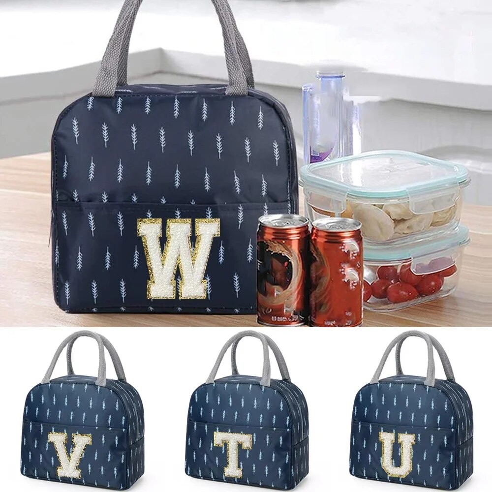 Insulated Embroidery Lunch Bag for Kid Boys Zipper Portable Blue Cute Tote Bags Waterproof Stickers Bento