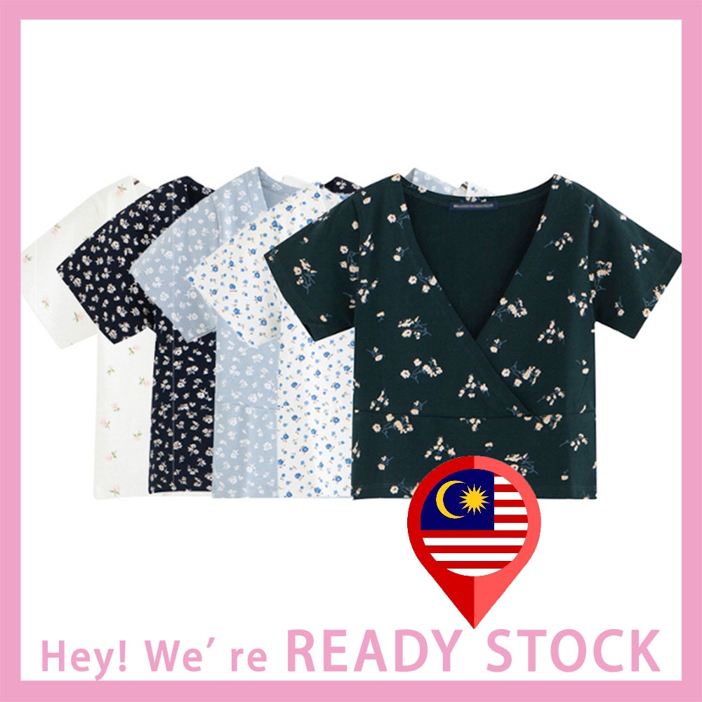 Baju Raya Women Floral Crop Top | V-Neck Short Sleeve Blouse | Summer Casual Fashion Top T-005