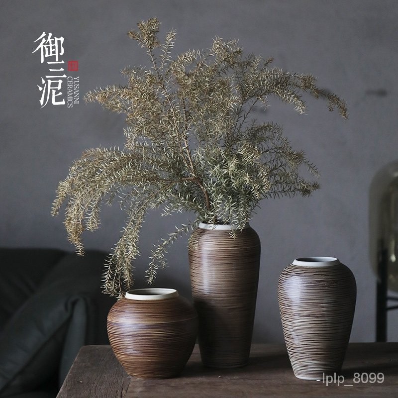 Contact before order】hree Mud Dried Flower Arrangement in Living Room Vase Crude Pottery Pot Decorative Ornaments Simple