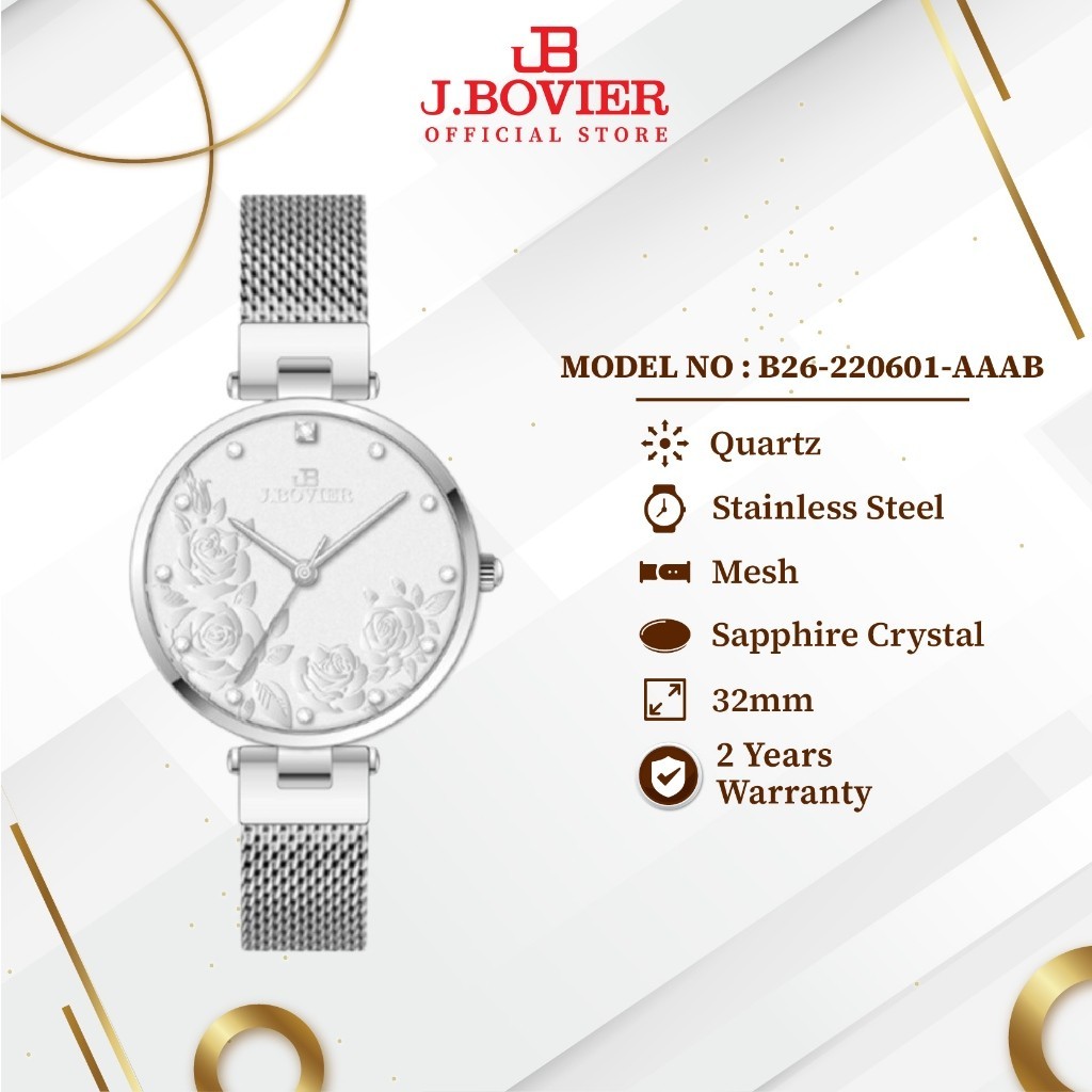 [2 Years Warranty] J.Bovier Flower Dial Quartz Women Watch Jam Tangan Wanita B26-220601-AAAB