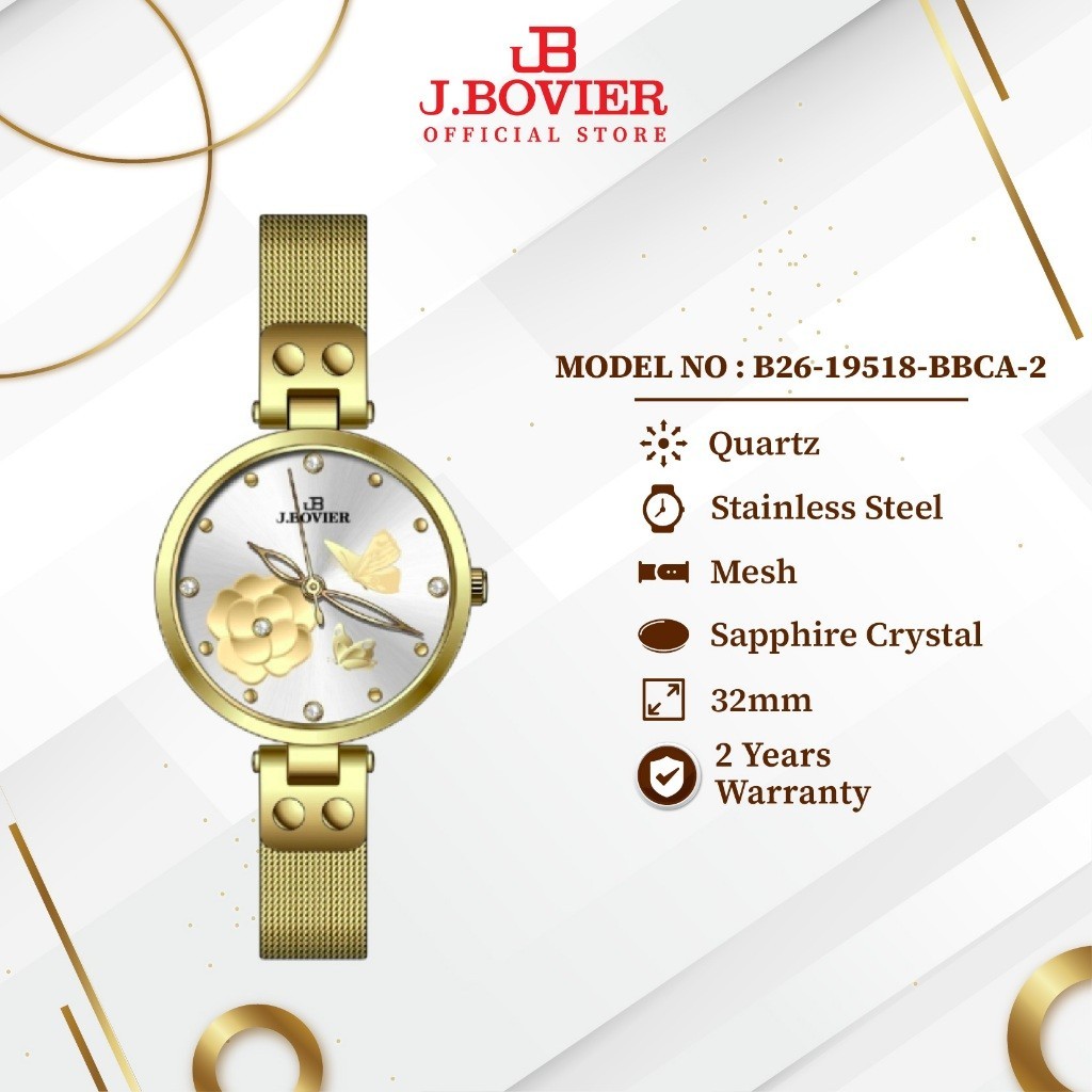 [2 Years Warranty] J.Bovier Quartz Women Watch Jam Tangan Wanita B26-19518-BBCA-2