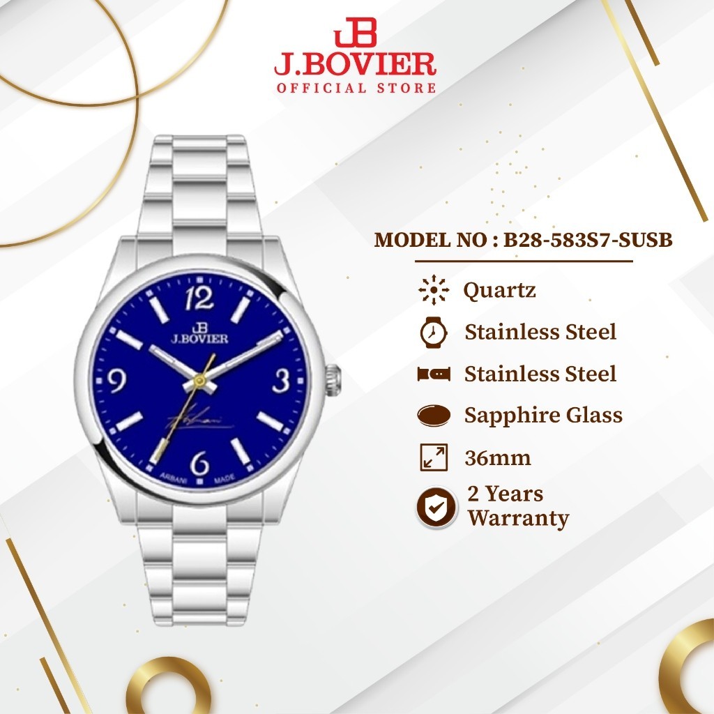 [2 Years Warranty] J.Bovier Stainless Steel Quartz Unisex Watch Jam Tangan B28-583S7-SUSB