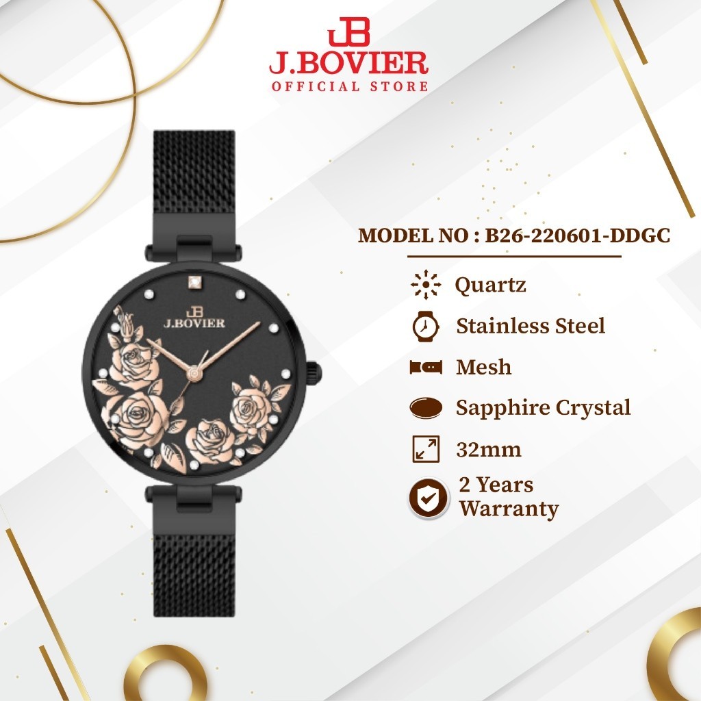 [2 Years Warranty] J.Bovier Flower Dial Quartz Women Watch Jam Tangan Wanita B26-220601-DDGC