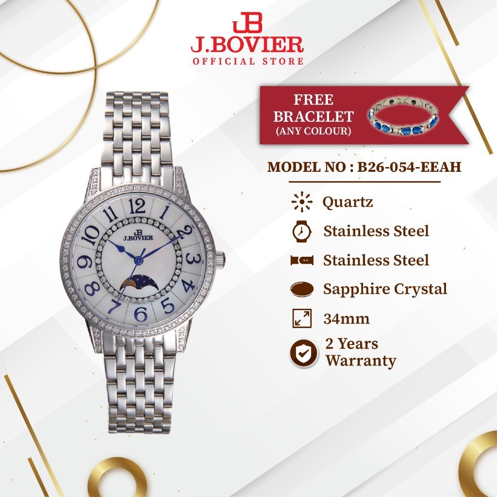 [2 Years Warranty] J.Bovier Moon Phase Quartz Women Watch Jam Tangan Wanita B26-054-EEAH