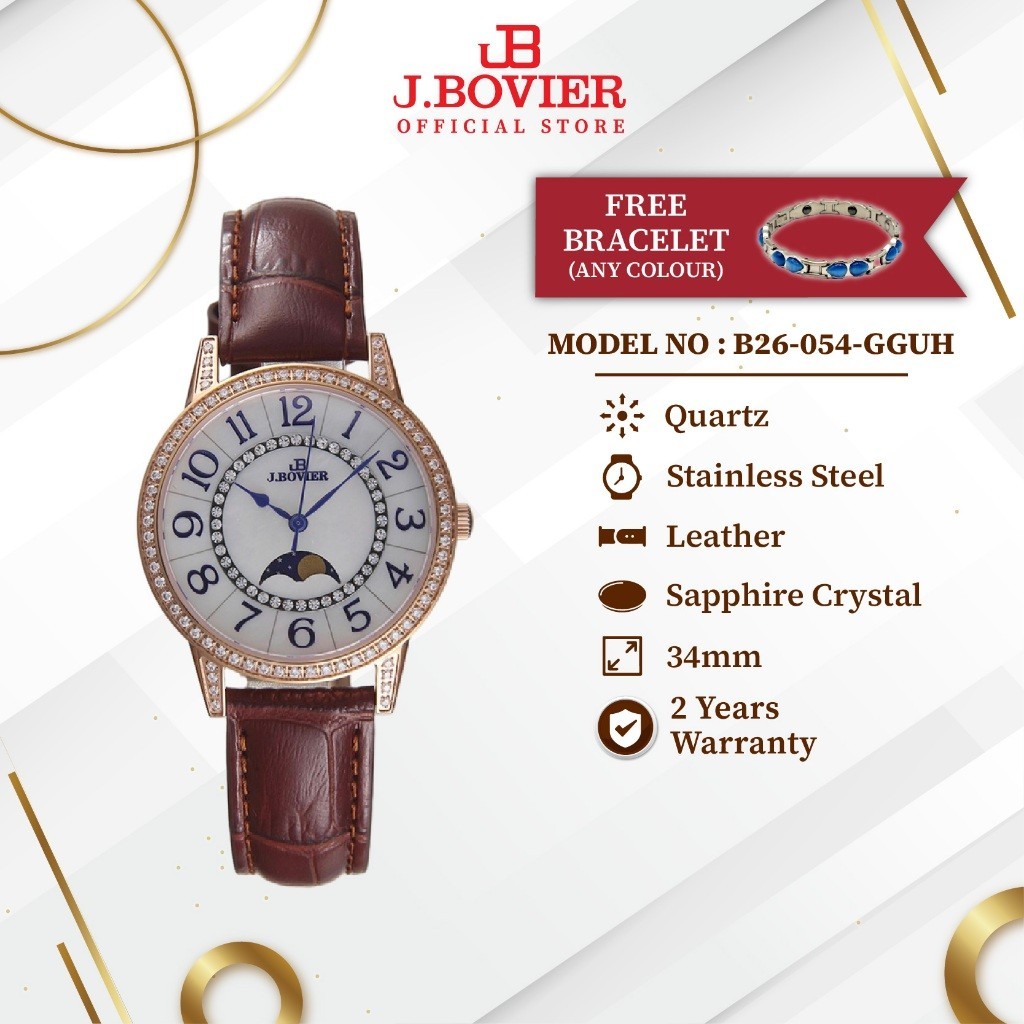 [2 Years Warranty] J.Bovier Moon Phase Quartz Women Watch Jam Tangan Wanita B26-054-GGUH