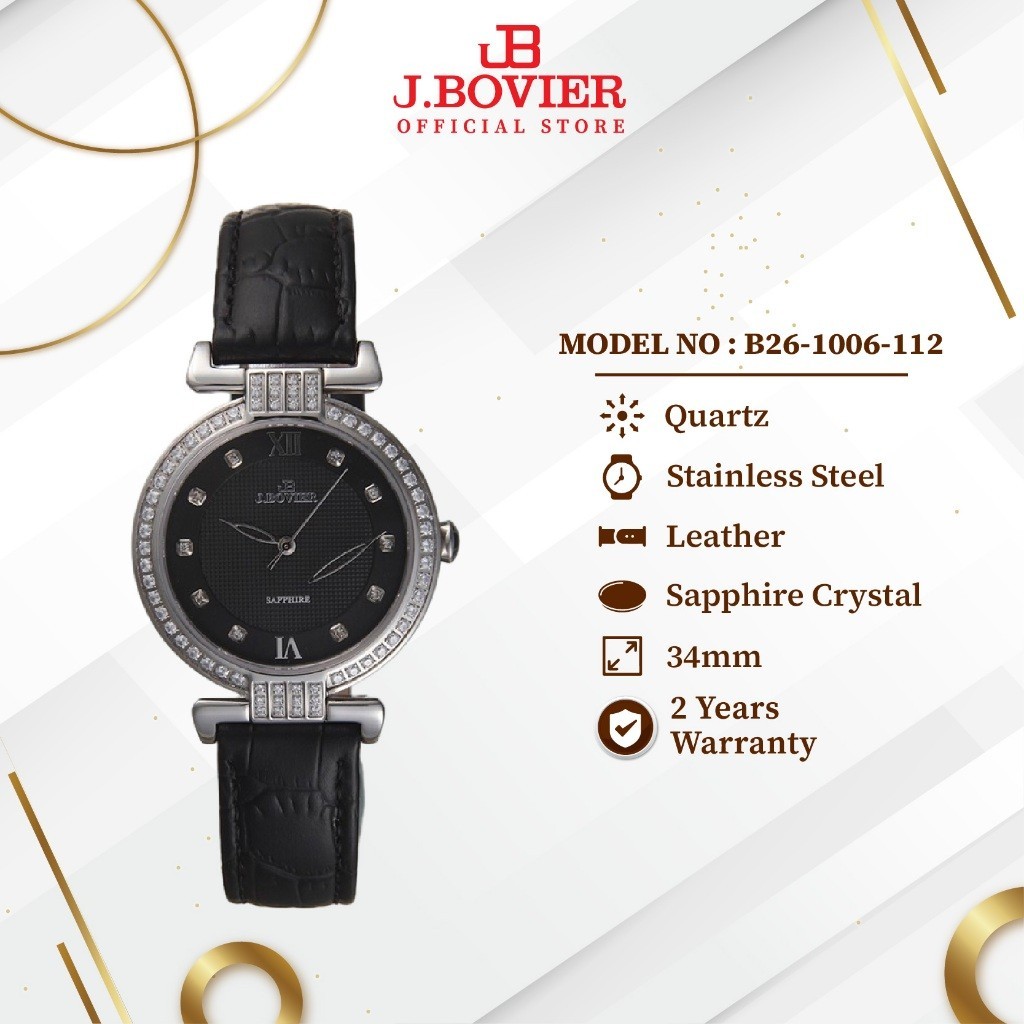 [2 Years Warranty] J.Bovier Leather Quartz Women Watch Jam Tangan Wanita B26-1006-112