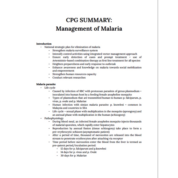 CPG Summary: Management of Malaria