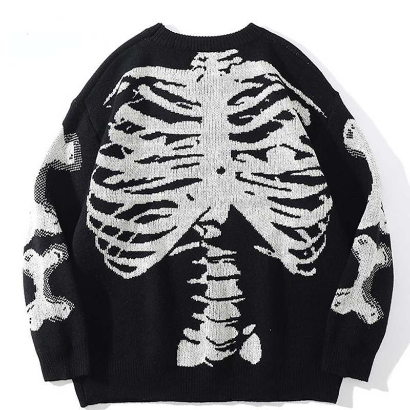 Men Oversized Sweater Black Loose Skeleton Bone Print Women Vintage Retro Knitted Sweater 2022 Autumn Cotton Pullover Unisex