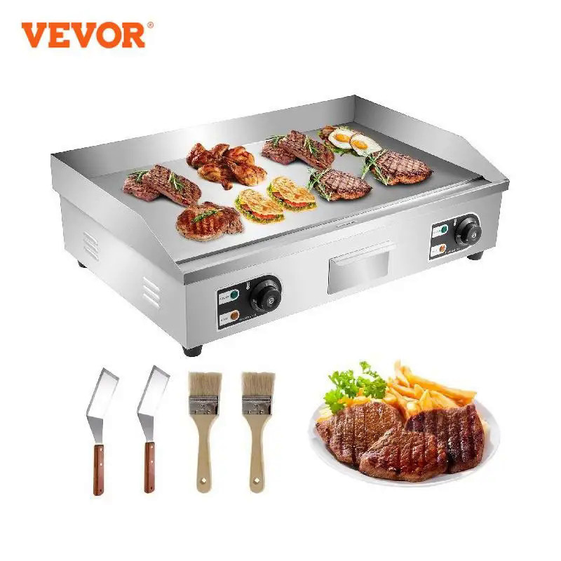 VEVOR Electric Countertop Griddle with Drawer Stainless Steel Flat Top Grill Barbecue BBQ machine for Outdoor Camping Co