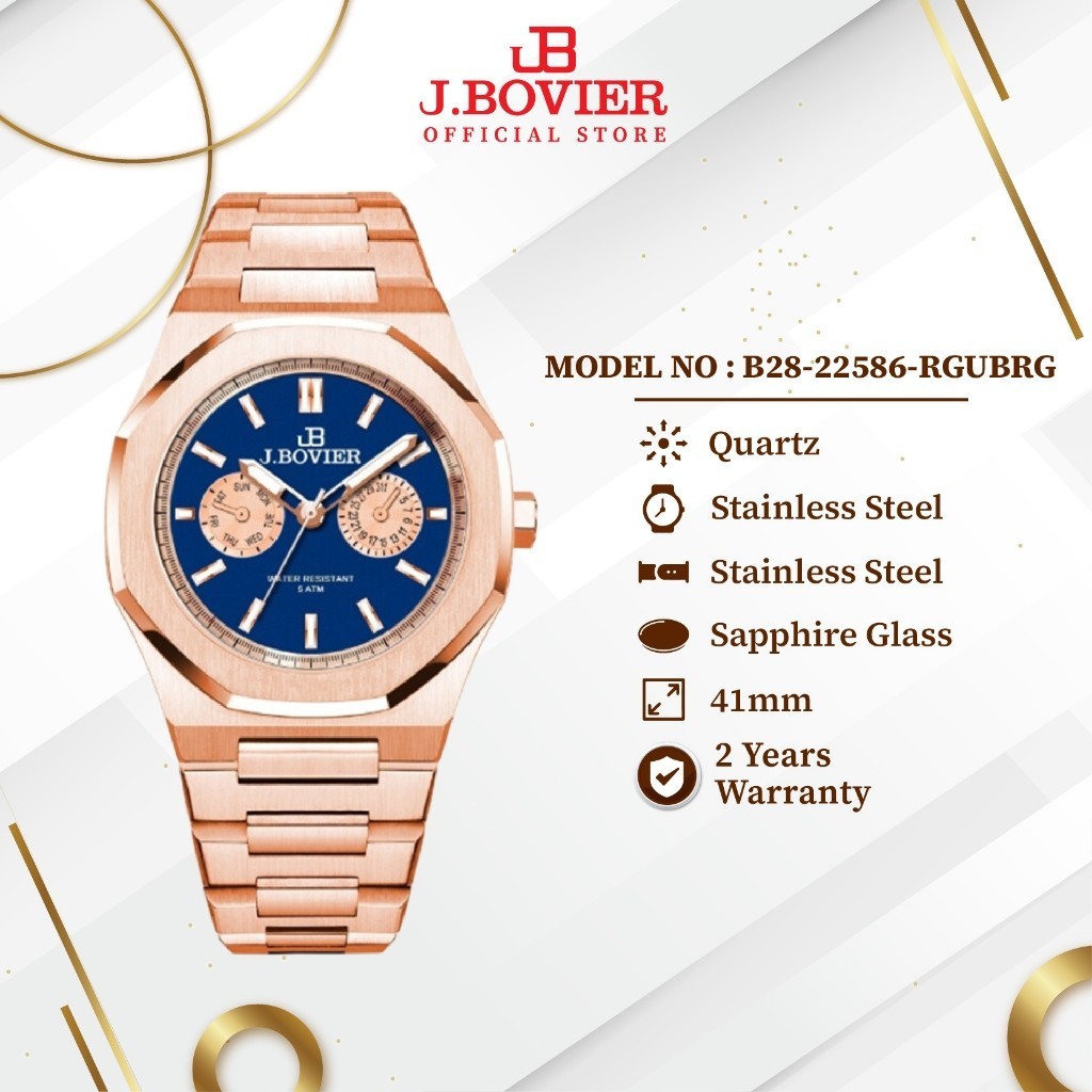 [2 Years Warranty] J.Bovier Stainless Steel Quartz Unisex Watch Jam Tangan Unisex B28-22586-RGUBRG