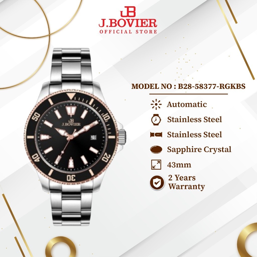 [2 Years Warranty] J.Bovier Japan Movement Automatic Men Watch Jam Tangan Lelaki B28-58377-RGKBS