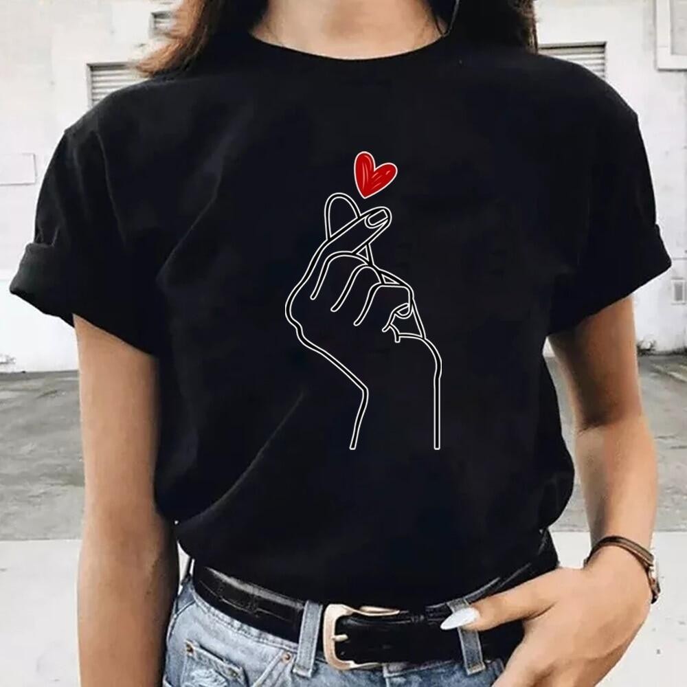 T-shirt Top Women  Summer Short Sleeve Tee Casual Breathable Round Neck  Love Series Clothing Pullover All-match