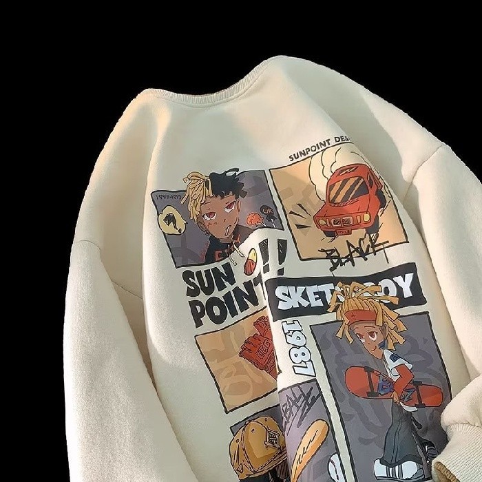 Men's Hip-hop Anime Street Round Neck Oversized Jacket Women's Thickened Couple Long Sleeved Street Fashion Casual Sport