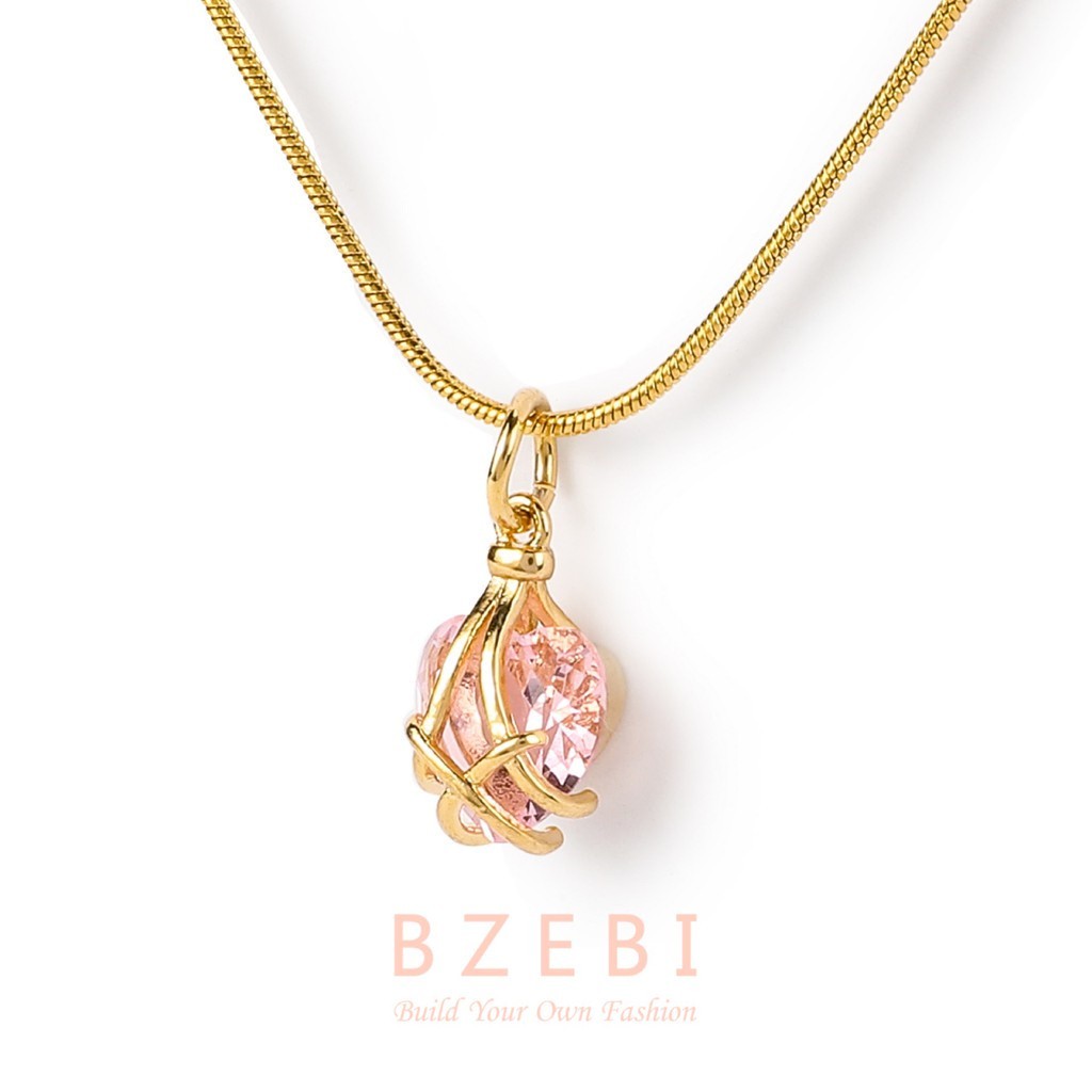 Premium Must BZEBI Gold Plated Pink Heart Barbie Necklace Crystal Birthstone Pendant Cubic Zirconia 398n