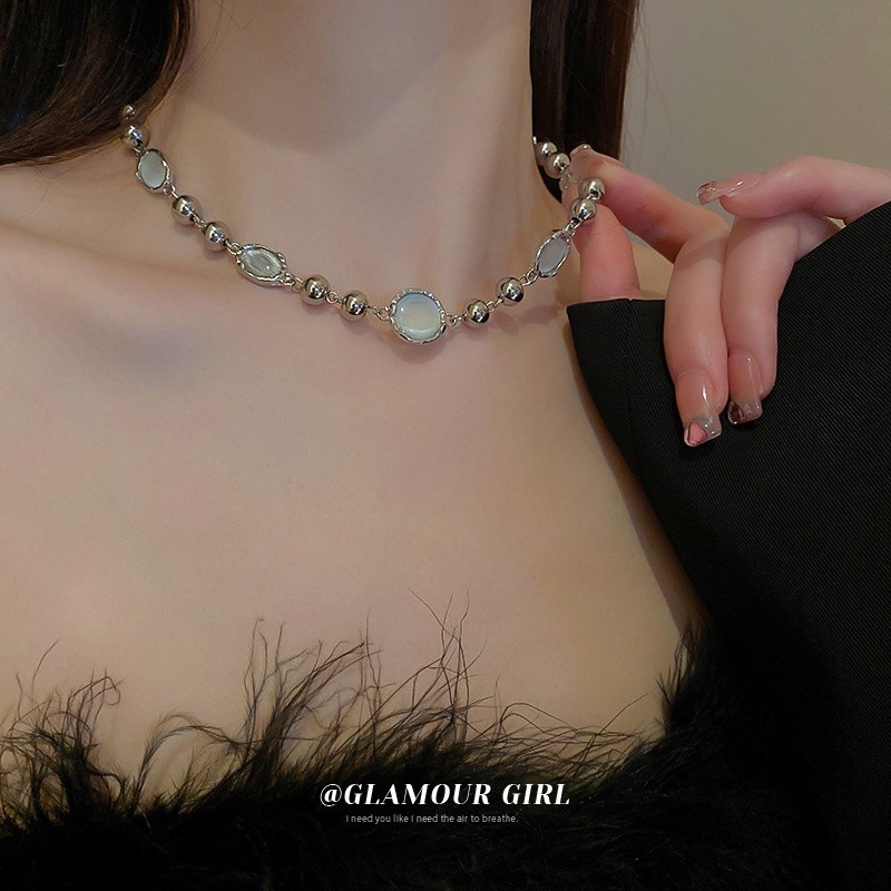 Quality Durable Oval Cat's Eye Stone Ball Splice Necklace Korean Style Design Sense Collar Chain Versatile Simple Art - Image 2