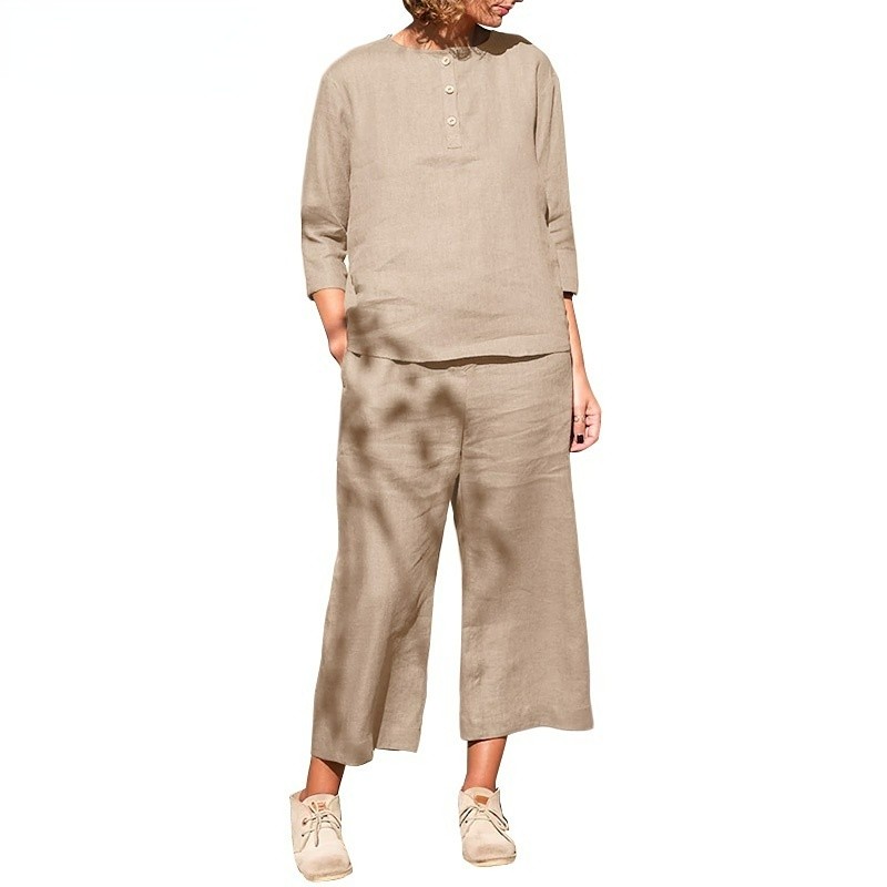 Premium Durable Women Casual Side Pockets Vintage 3/4 Sleeve Elastic Waist Wide Leg Sets Quality - Image 5