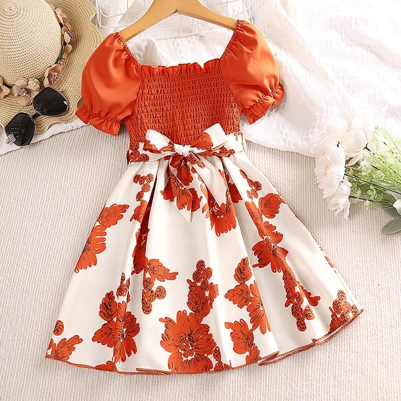 Quality Multi SIYYIS Dress Kids Girl 8-12 Years Puff Sleeve Shirred Square Collar Tie-Waist Knee-Length Girls Birthda... - Image 3