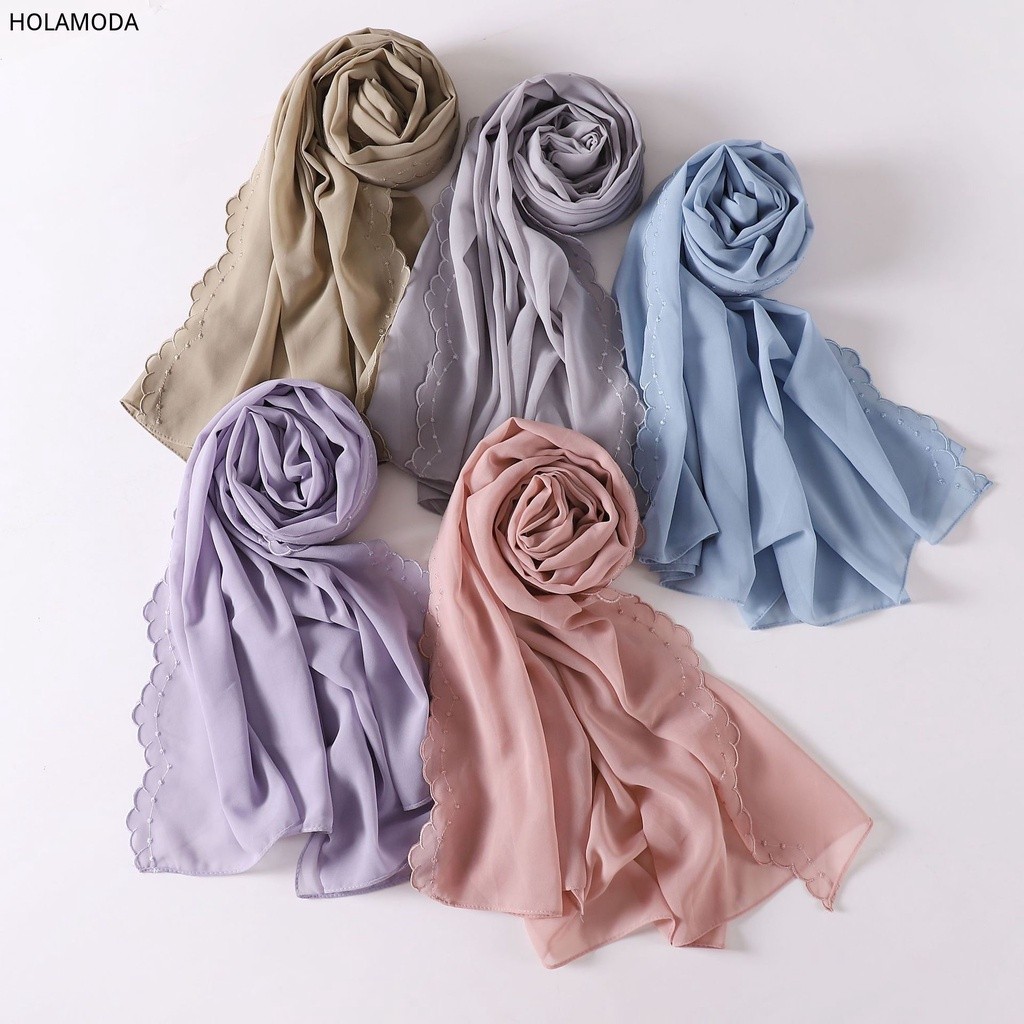 Premium Must New Style Chiffon Shawl Sulam Edge Embordiery Pearl Scarf Women's Headscarf Head Muslim Gauze Hijab Purpose - Image 5