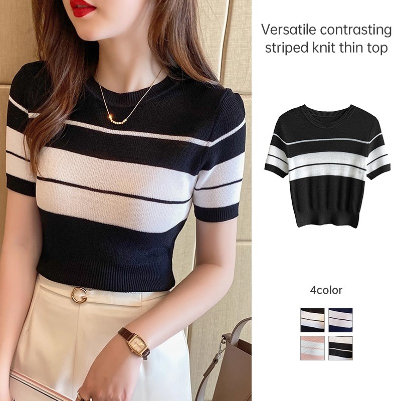 【Malaysia stock】Summer Versatile Top Thin Black White Contrast Color Stripe Short Sleeved Knitwear Women Amika1
