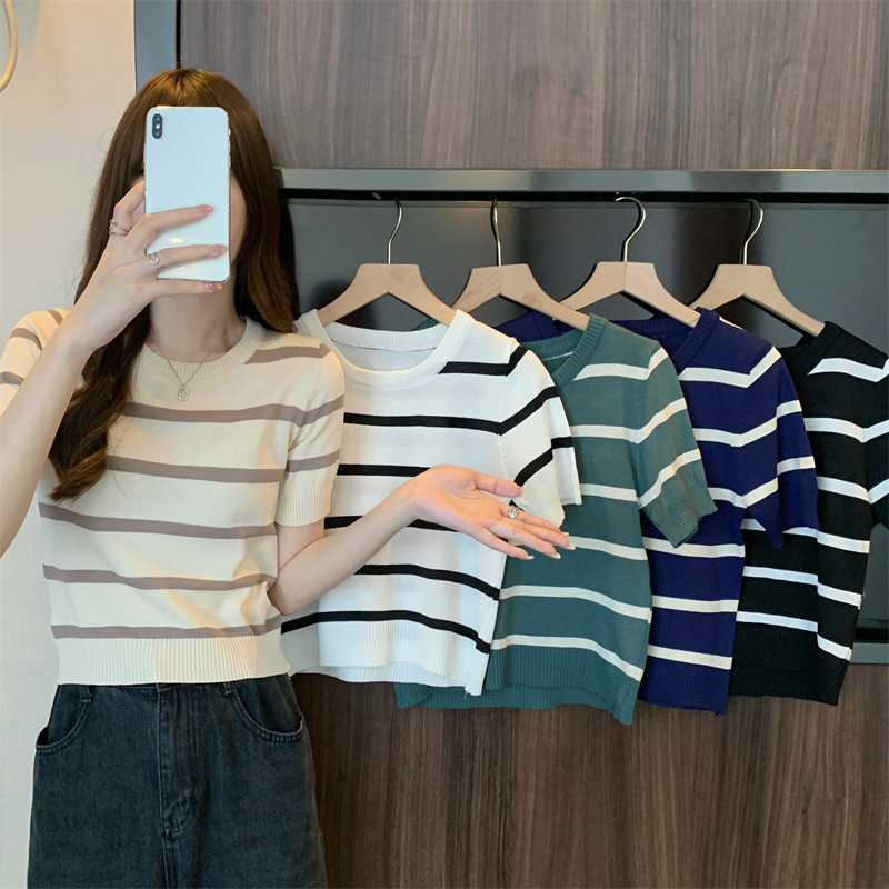 Amika1 Women's Short Sleeve T-shirt Female Korean Knitwear Knitted Round Neck Summer Stripe Tshirt Women Clothes