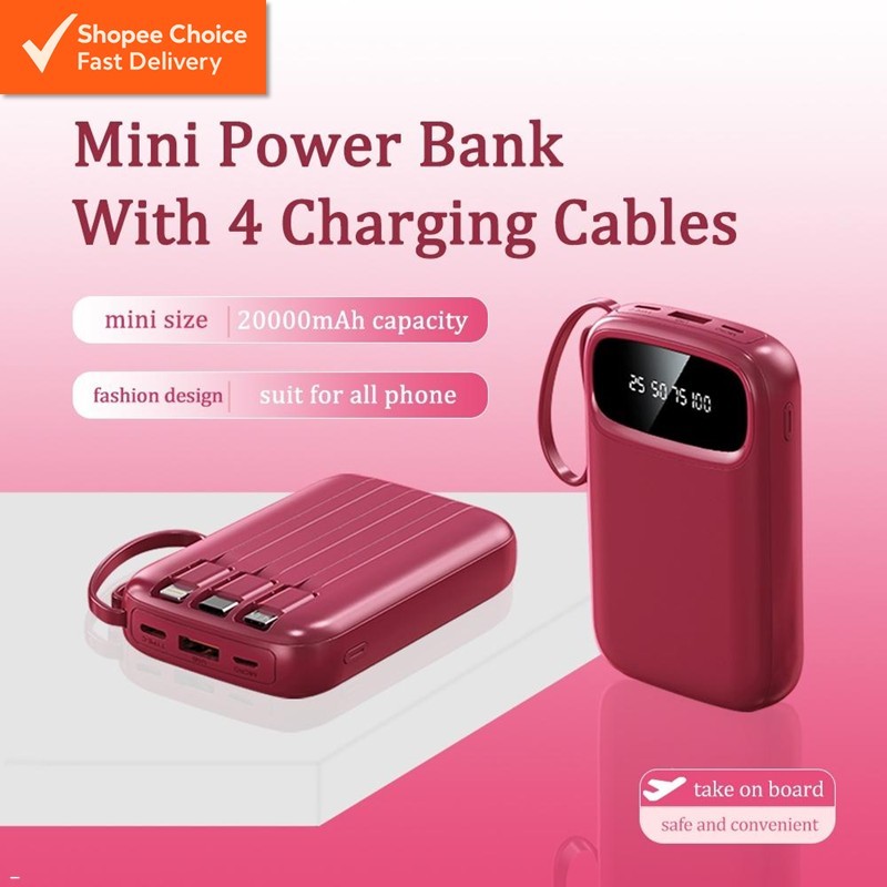 20000mAh Power BanK Fast Charging Built in 4-Cable powerbank Portable Charger Digital Display