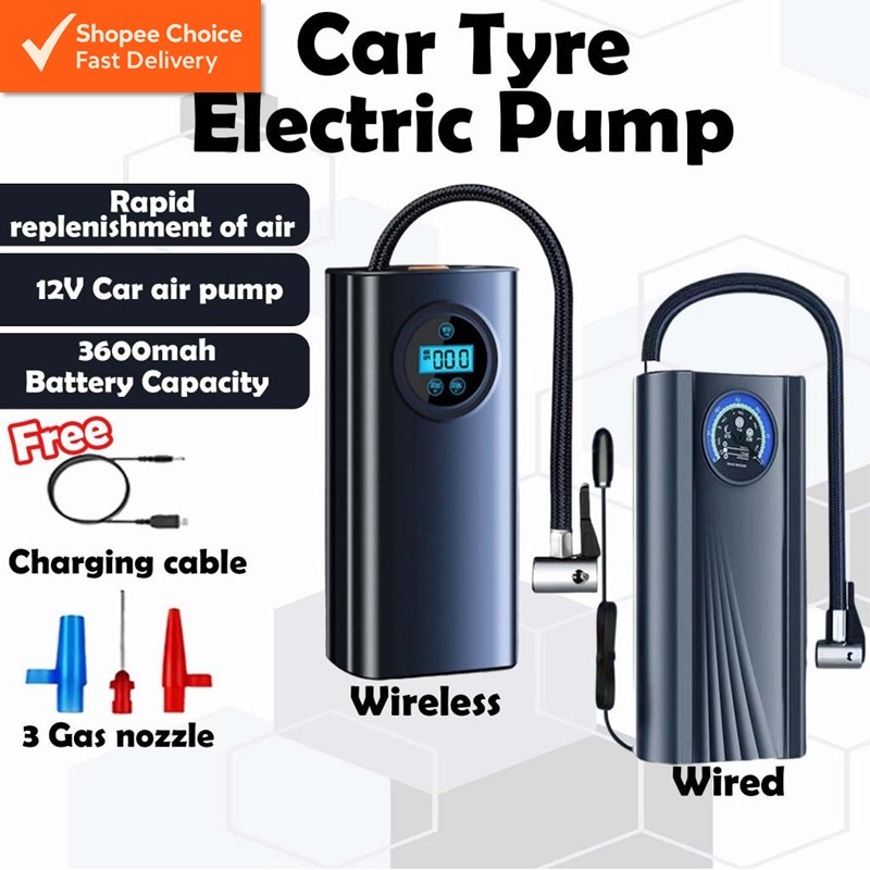 12V Portable Car Tyre Electric Pump –Wired (CIG) / Wireless (USB) Air Compressor Inflator for Cars & Motorcycles Pam Tay