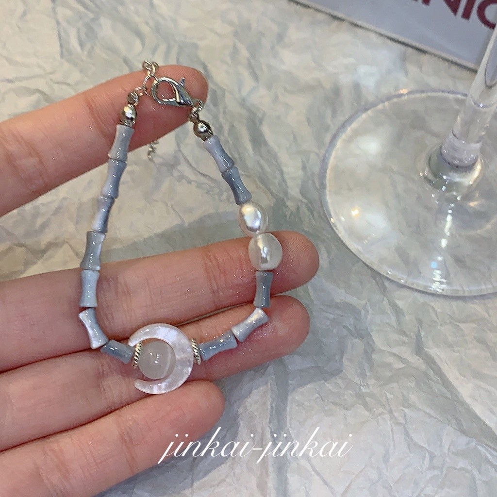 Premium Durable Star New Chinese Moonlight Blue Bamboo Knot Moon Pearl Beaded Bracelet Small Design Sense of Ethnic S... - Image 3