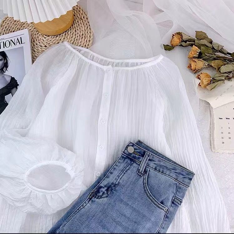 New Style Pleated Lantern Sleeve Sunscreen Loose Shirt Women Summer