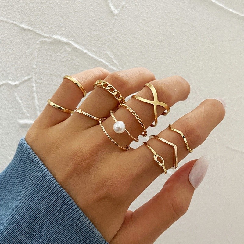 Trendy Boho Pearls Joint Ring Set/ Women Geometric Knuckle Finger Rings/ Female Wedding Party Jewelry