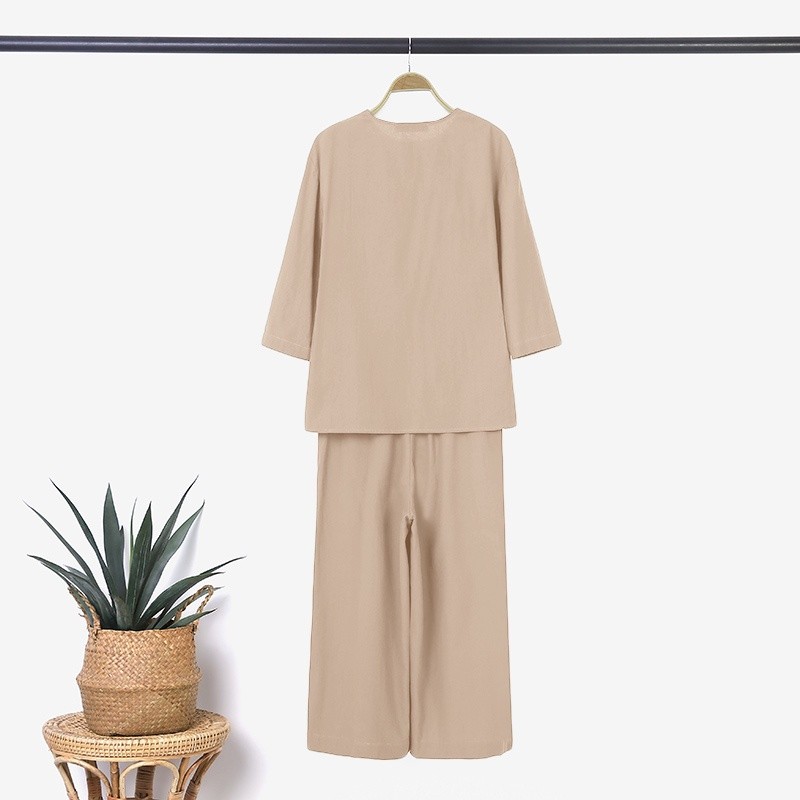 Premium Durable Women Casual Side Pockets Vintage 3/4 Sleeve Elastic Waist Wide Leg Sets Quality