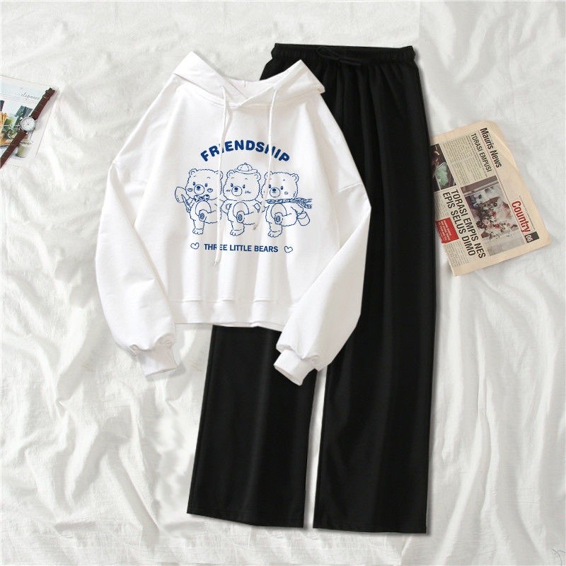 Have Durable Single / Suit Korean Version Sweater Children's Cartoon Loose College Women's New Hooded Wide-leg Pants ... - Image 3