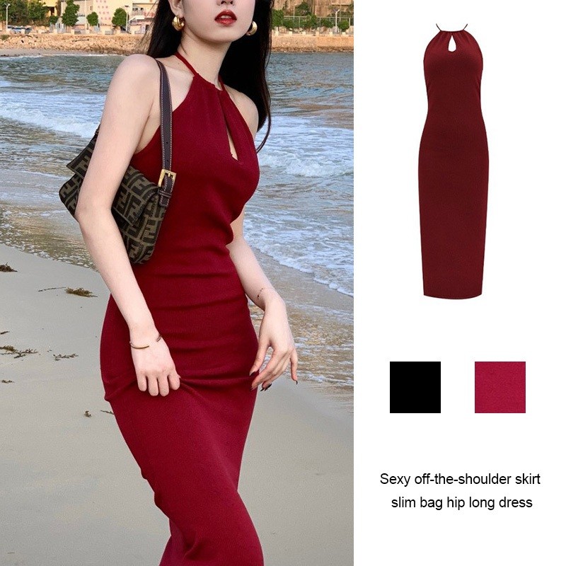 【Malaysia stock】Black Hanging Neck Sexy Off Shoulder Dress Slim Fit Waist Wrap Hip Long Formal Dress Amika1