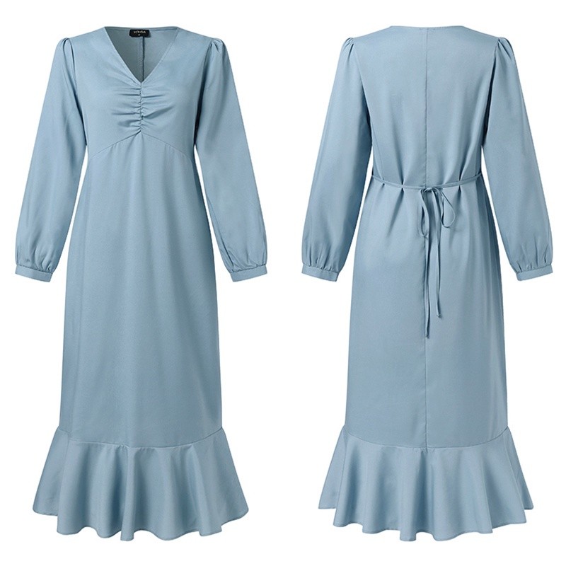 VONDA Women Korean V Neck Long Sleeve Solid Color Drawstring Tunic Belted Casual Long Dress