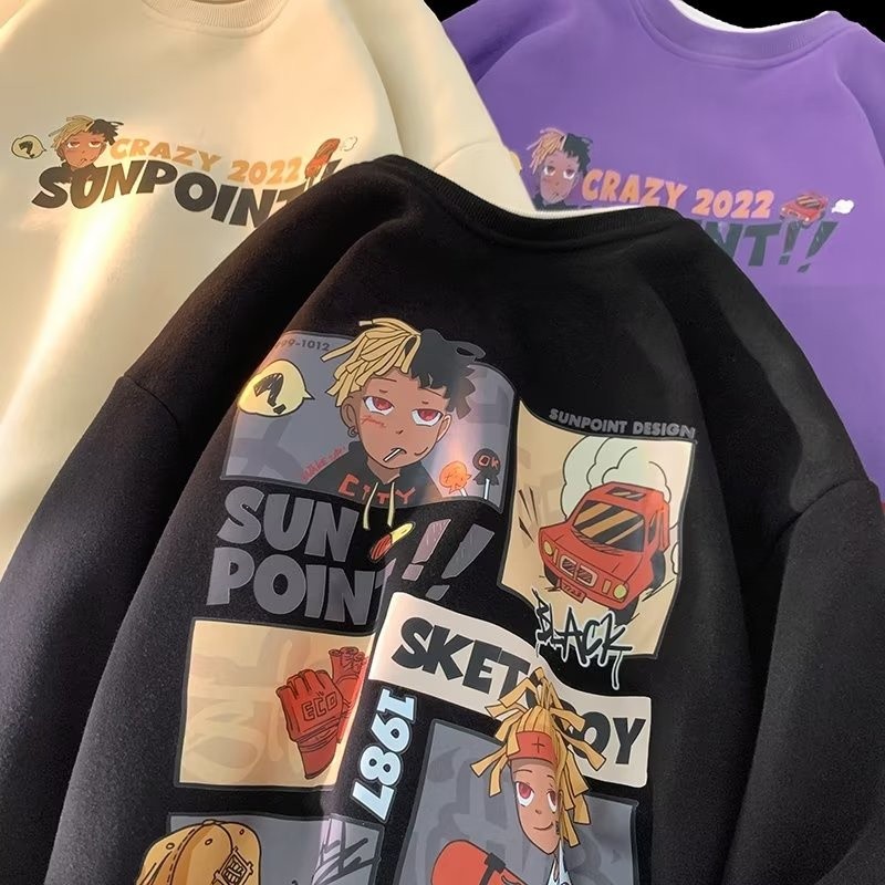 Essential Purpose Men's Hip-hop Anime Street Round Neck Oversized Jacket Women's Thickened Couple Long Sleeved Fashio... - Image 2