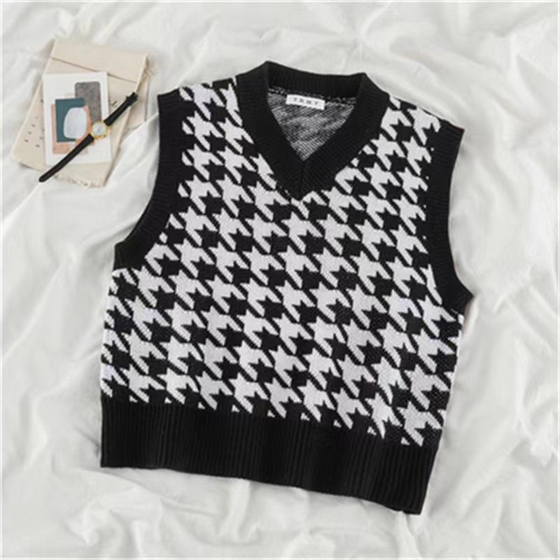 Multi Versatile Korean Style Women Knitted Sleeveless Houndstooth Loose V-neck Knit Vest Sweater - Image 2