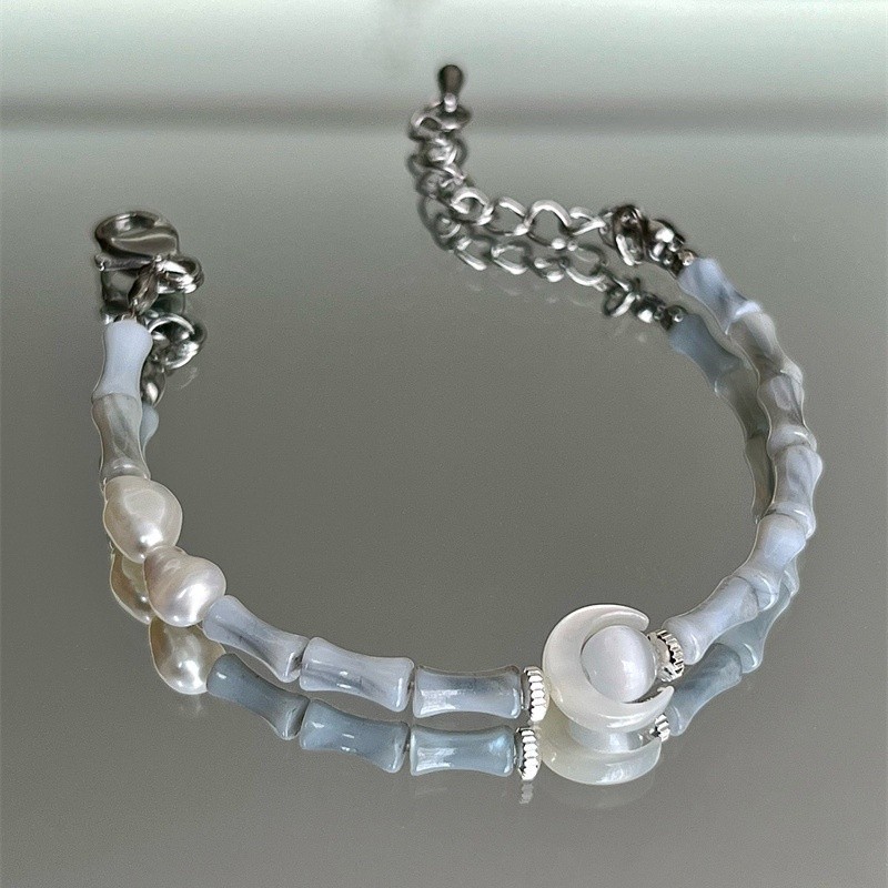 Premium Durable Star New Chinese Moonlight Blue Bamboo Knot Moon Pearl Beaded Bracelet Small Design Sense of Ethnic S... - Image 5
