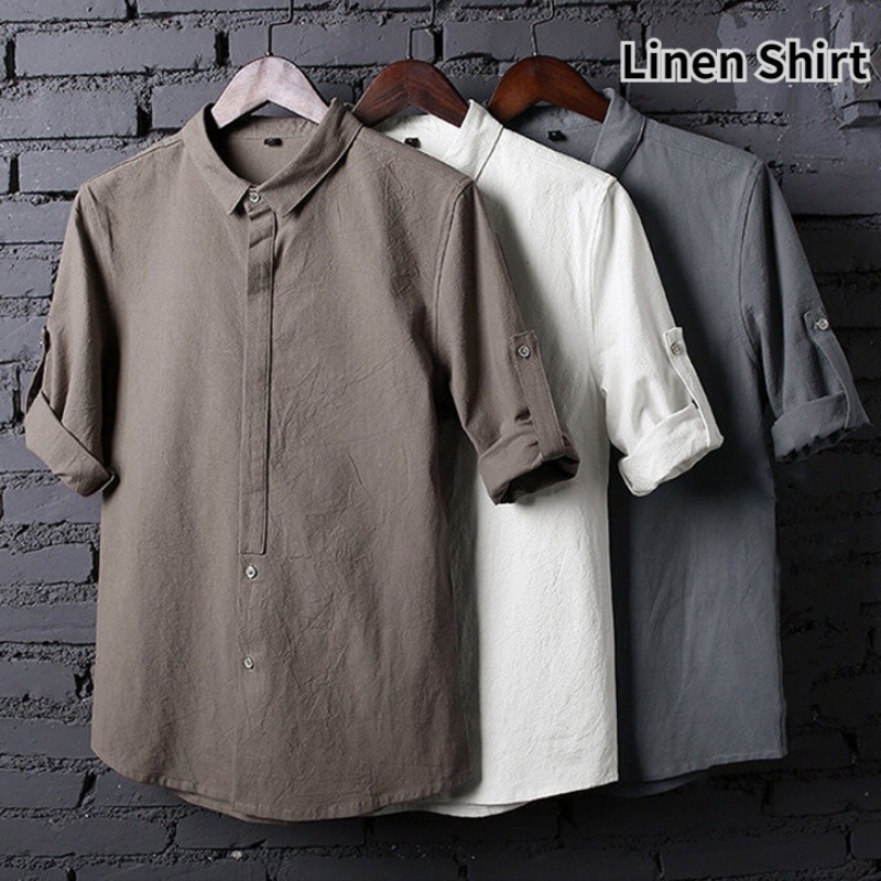 Quality Purpose Plain shirt man Men Linen Cotton 3/4 Sleeve Baju Kemeja Lelaki Slim Fit Stand Collar - Image 5