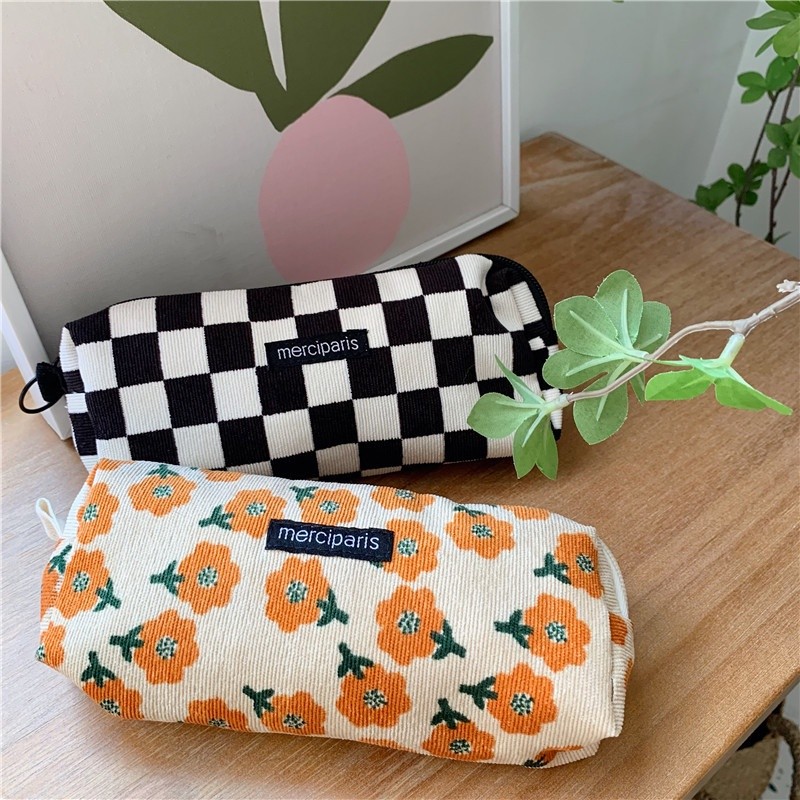 Chic Trendy 11271 Korean Fashion Pencil Case Corduroy Plaid&Flowers Makeup Bag Lipsticks Women Small Cosmetic N - Image 5