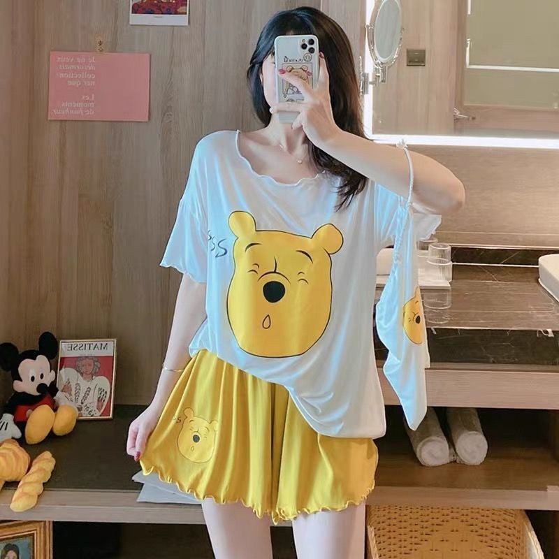Quality Durable 2PCS Pajama Set Women Cotton Winnie Cartoon Pyjamas Ladies Plus Size Baju Tidur Wanita Short Sleeve L... - Image 5